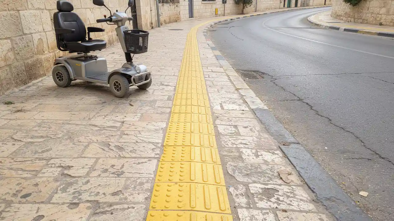 קלנועית חשמלית חונה על מדרכה נגישה עם פס מישוש צהוב, רחוב ישראלי